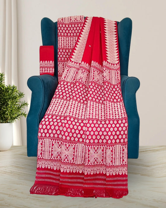 Red padmini cotton mekhela sador with designer motifs