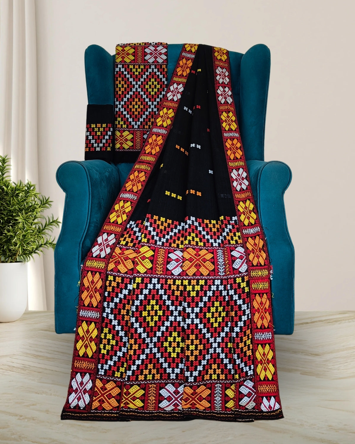 Black padmini cotton Mising mekhela sador- DMC motifs