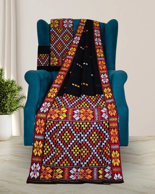 Black padmini cotton Mising mekhela sador- DMC motifs