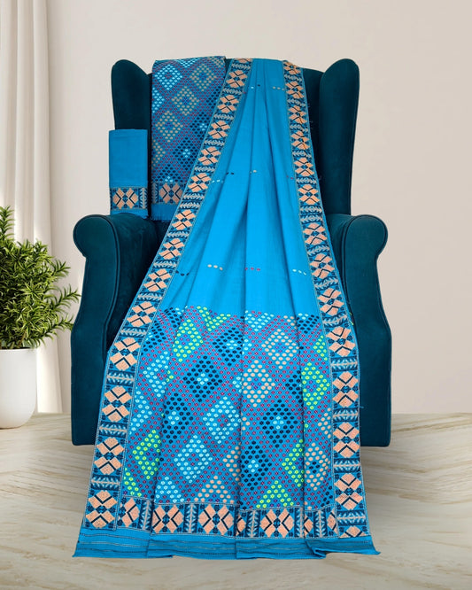 Sky blue padmini cotton Mising mekhela sador