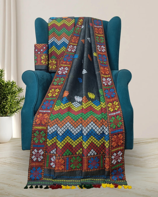 Bottle green semi nuni Mising mekhela sador - DMC motifs