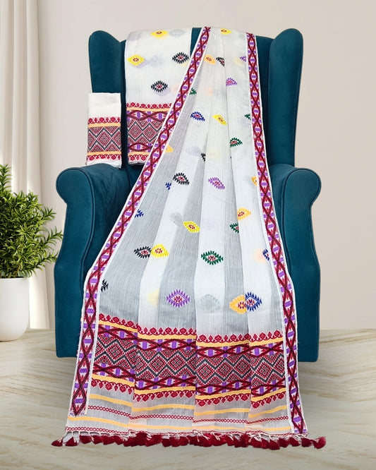 White semi nuni mekhela sador with designer motifs