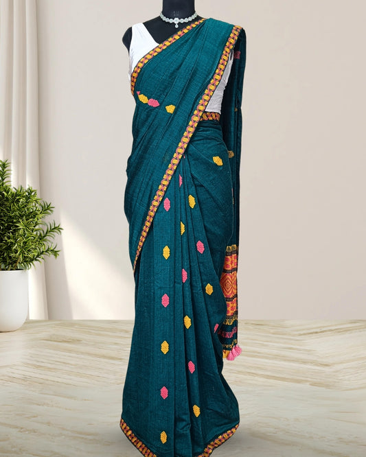 Bottle green pure cotton saree with designer motifs
