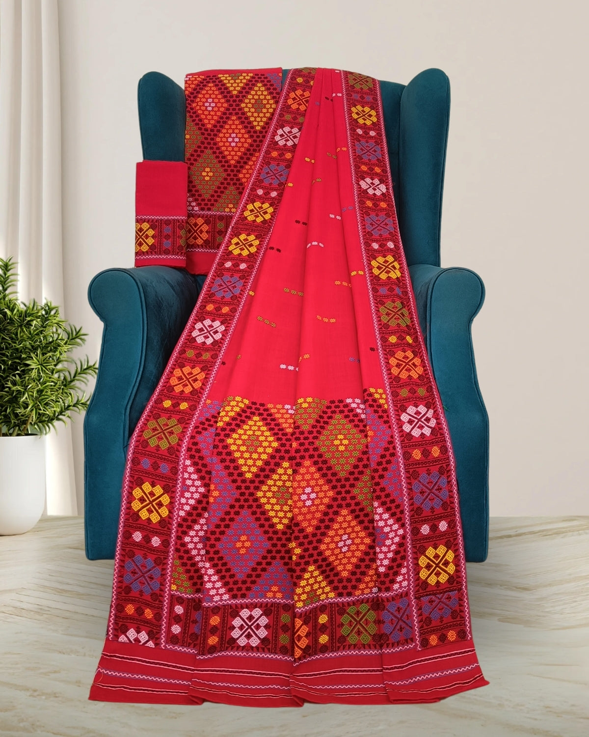 Padmini cotton Mising mekhela sador -Red