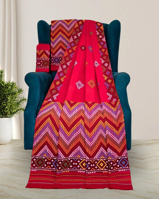 Red padmini cotton Mising mekhela sador- DMC motifs