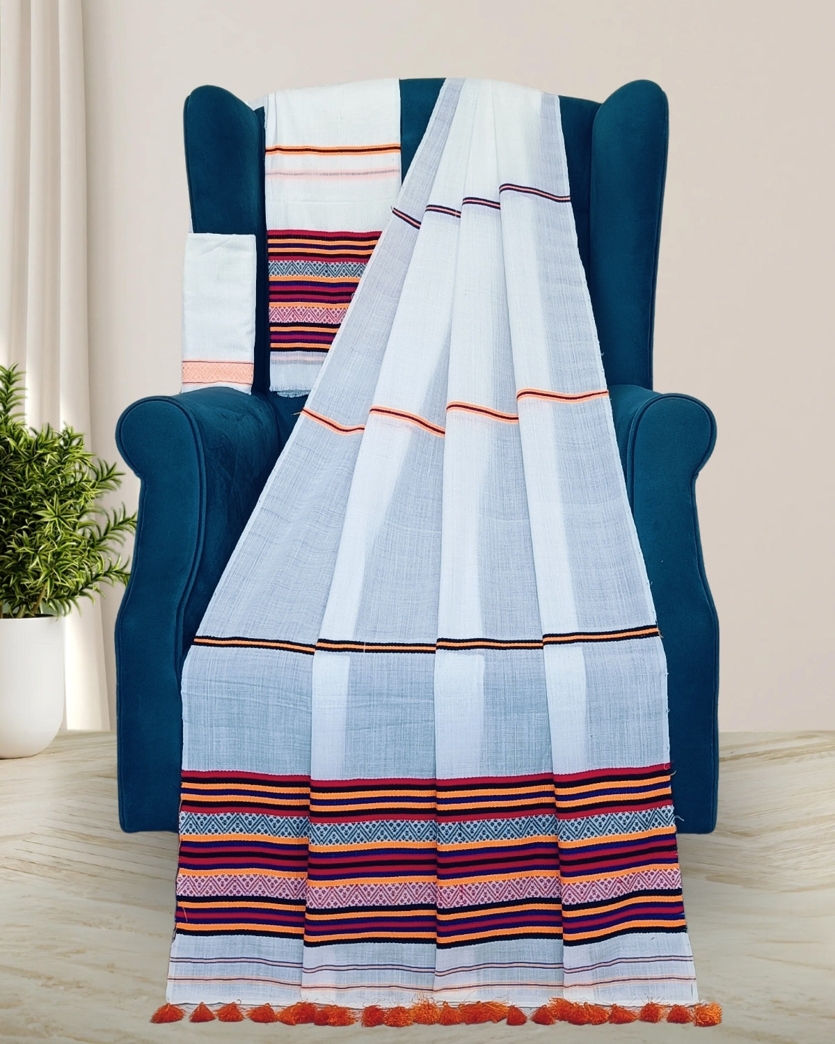 Ribi design Mising mekhela sador - White