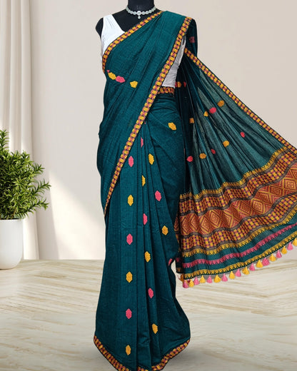 Bottle green pure cotton saree with designer motifs
