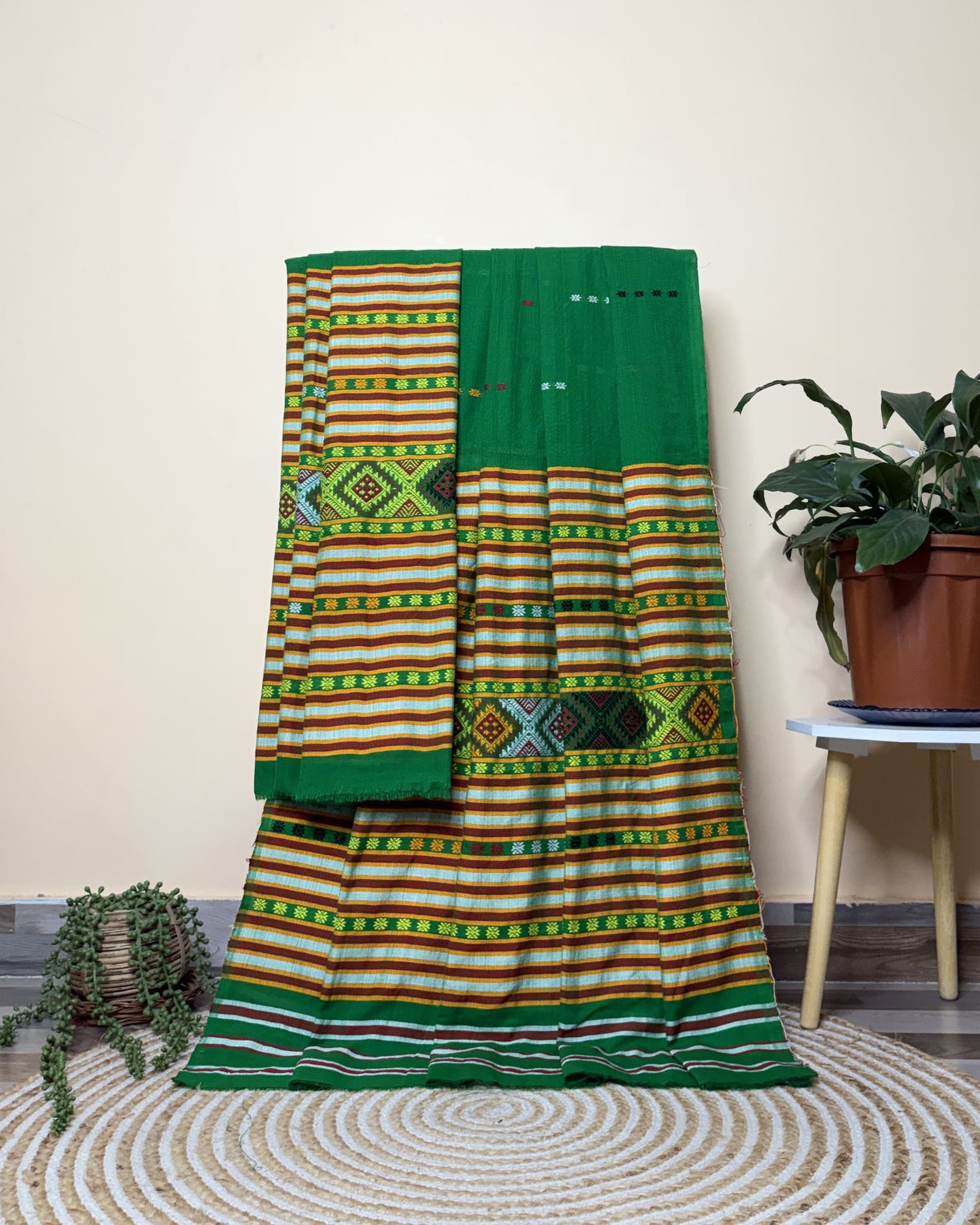 Ribi design Mising mekhela sador -Green