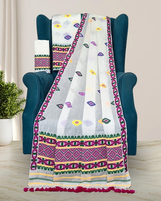 White semi nuni mekhela sador with designer motifs