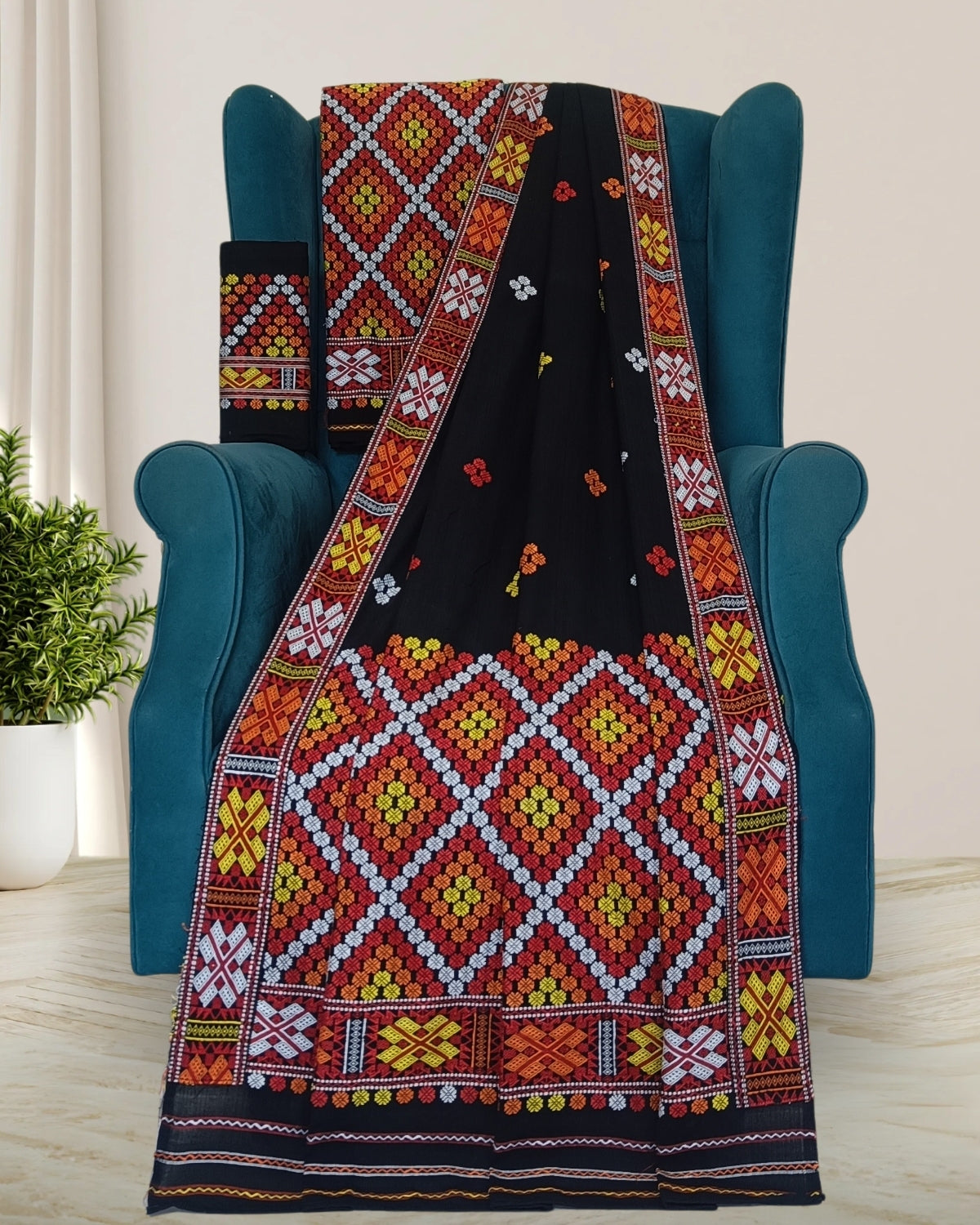 Black padmini cotton Mising mekhela sador- DMC motifs