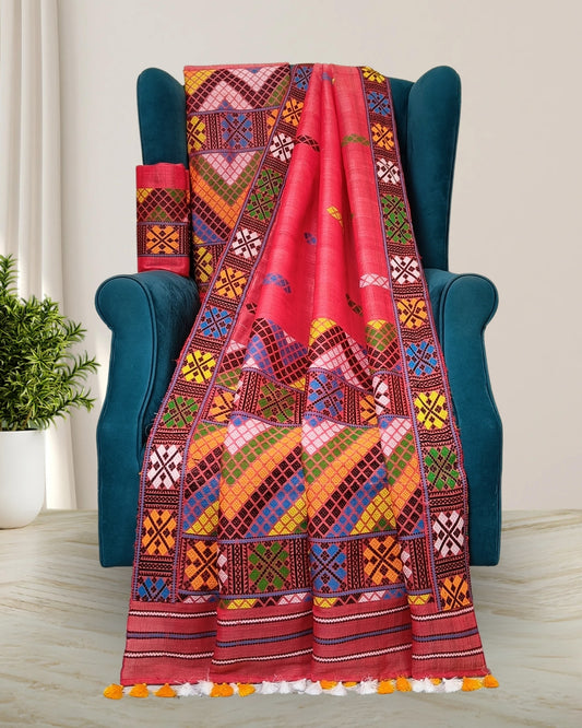 Red semi nuni Mising mekhela sador - DMC motif work