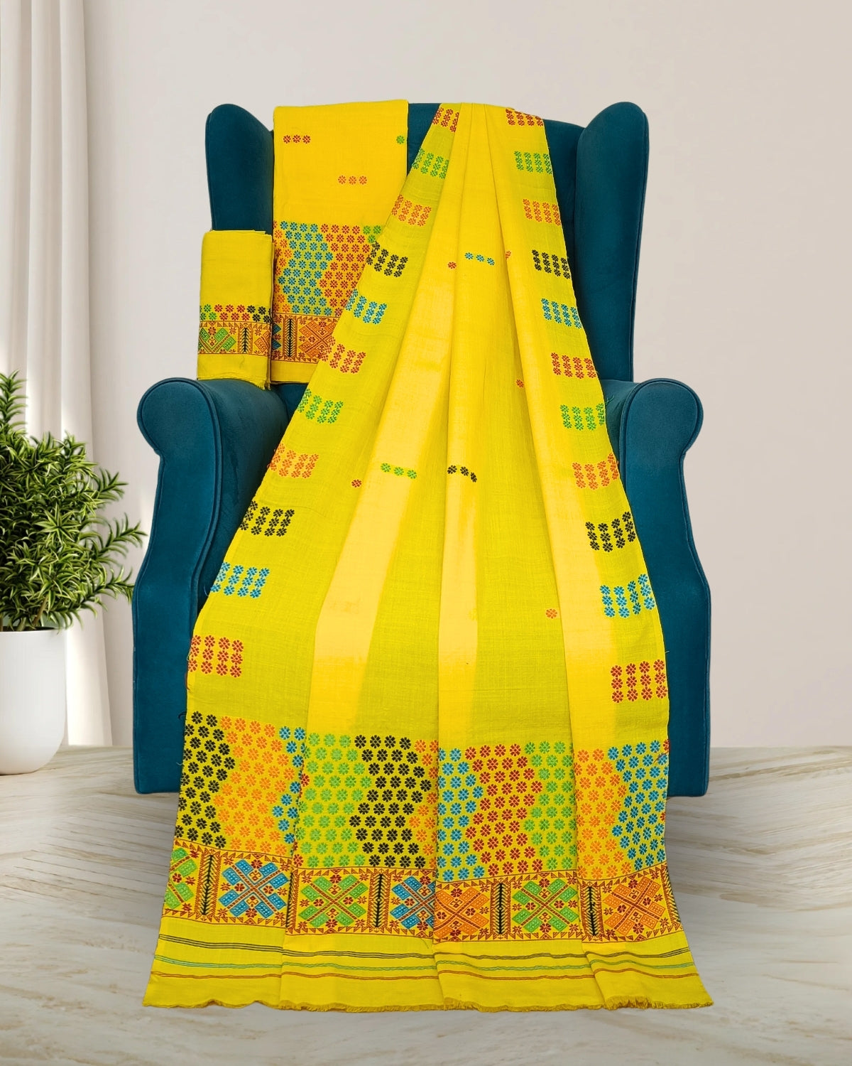 Padmini cotton Mising mekhela sador -Yellow