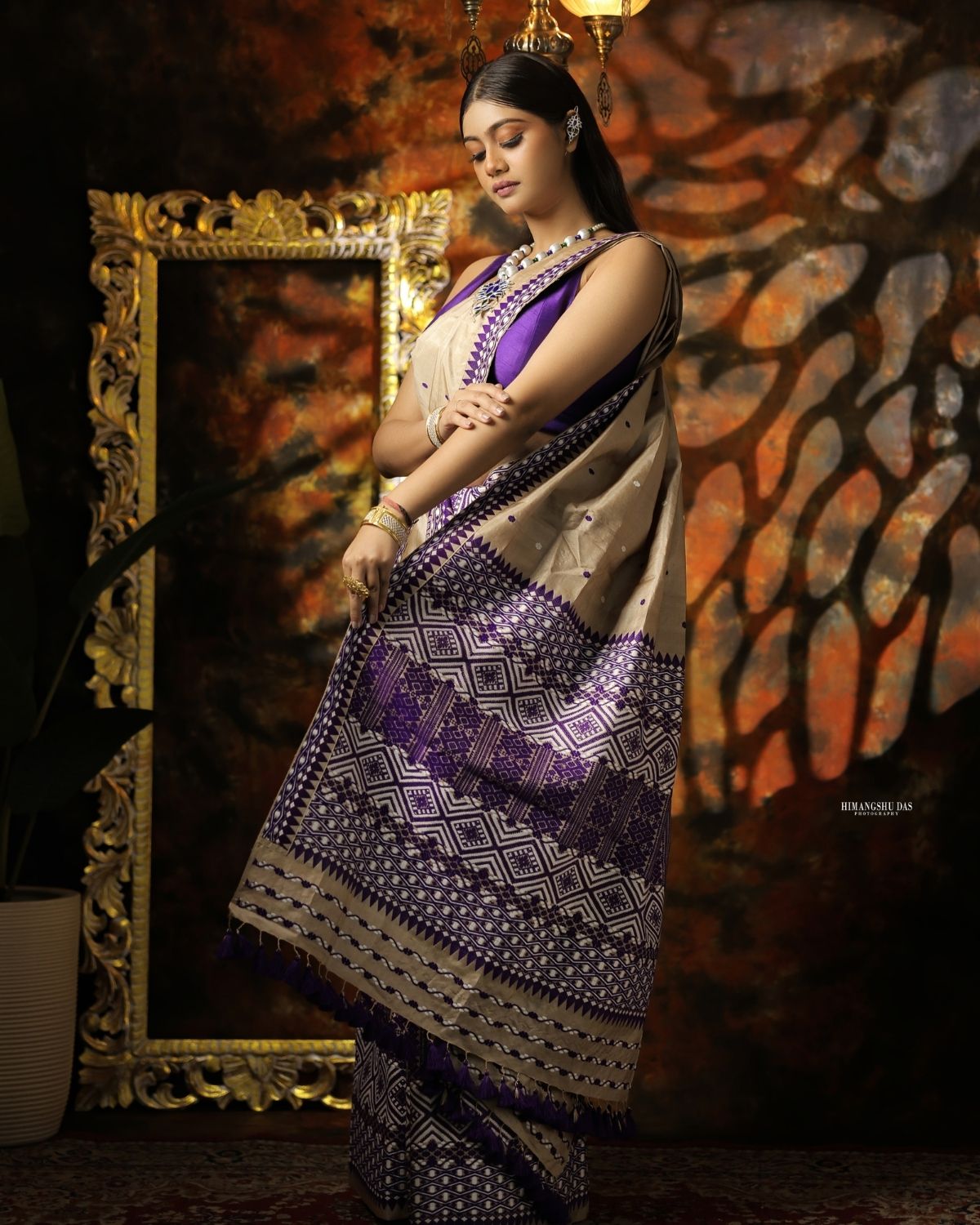 Tussar silk mekhela sador with purple designer motifs