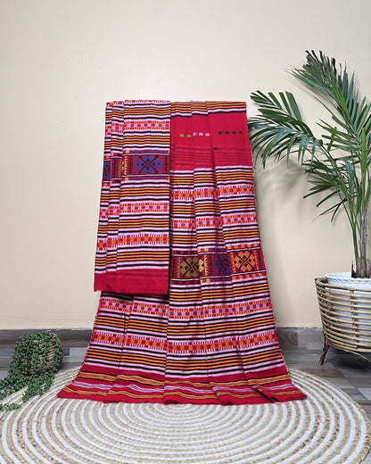 Ribi design Mising mekhela sador -Red