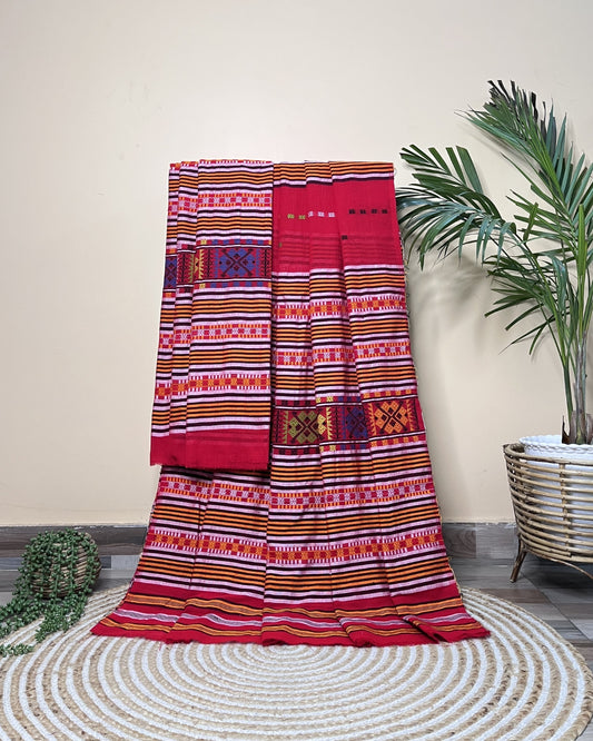 Ribi design Mising mekhela sador -Red