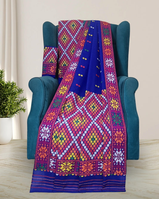 Royal blue padmini coton Mising mekhela sador- DMC motif work 