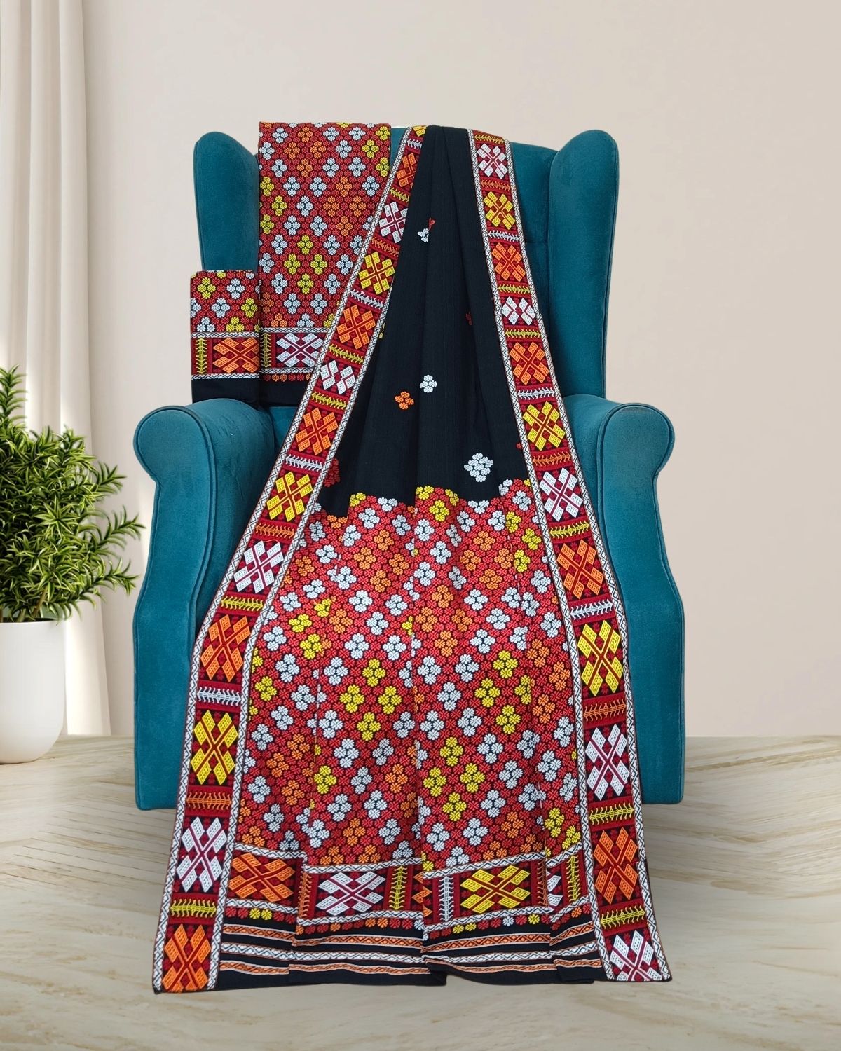 Black padmini cotton Mising mekhela sador - DMC motifs