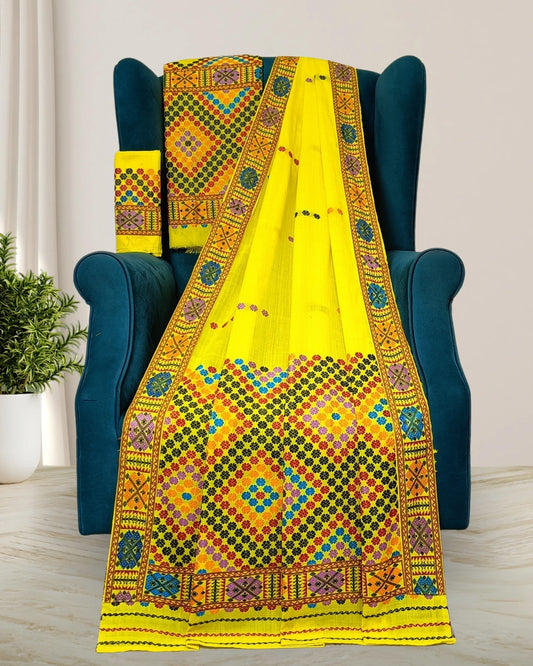 Yellow padmini cotton Mising mekhela sador-DMC motifs