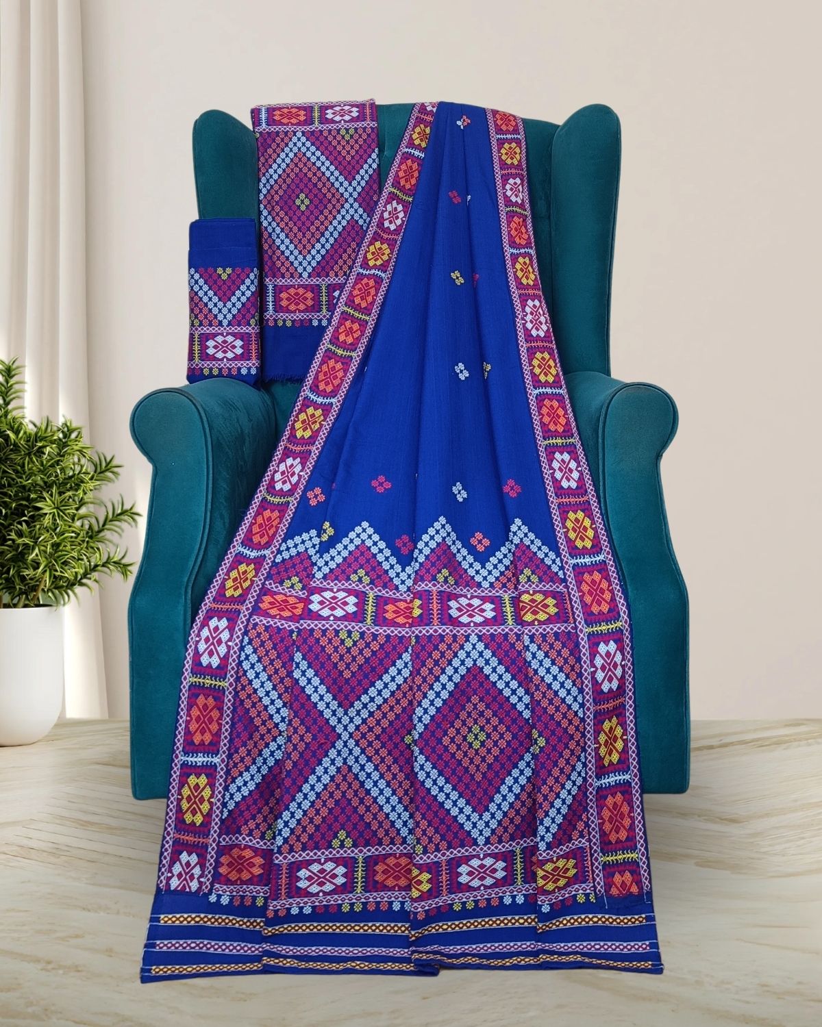Royal blue padmini cotton Mising mekhela sador - DMC motifs