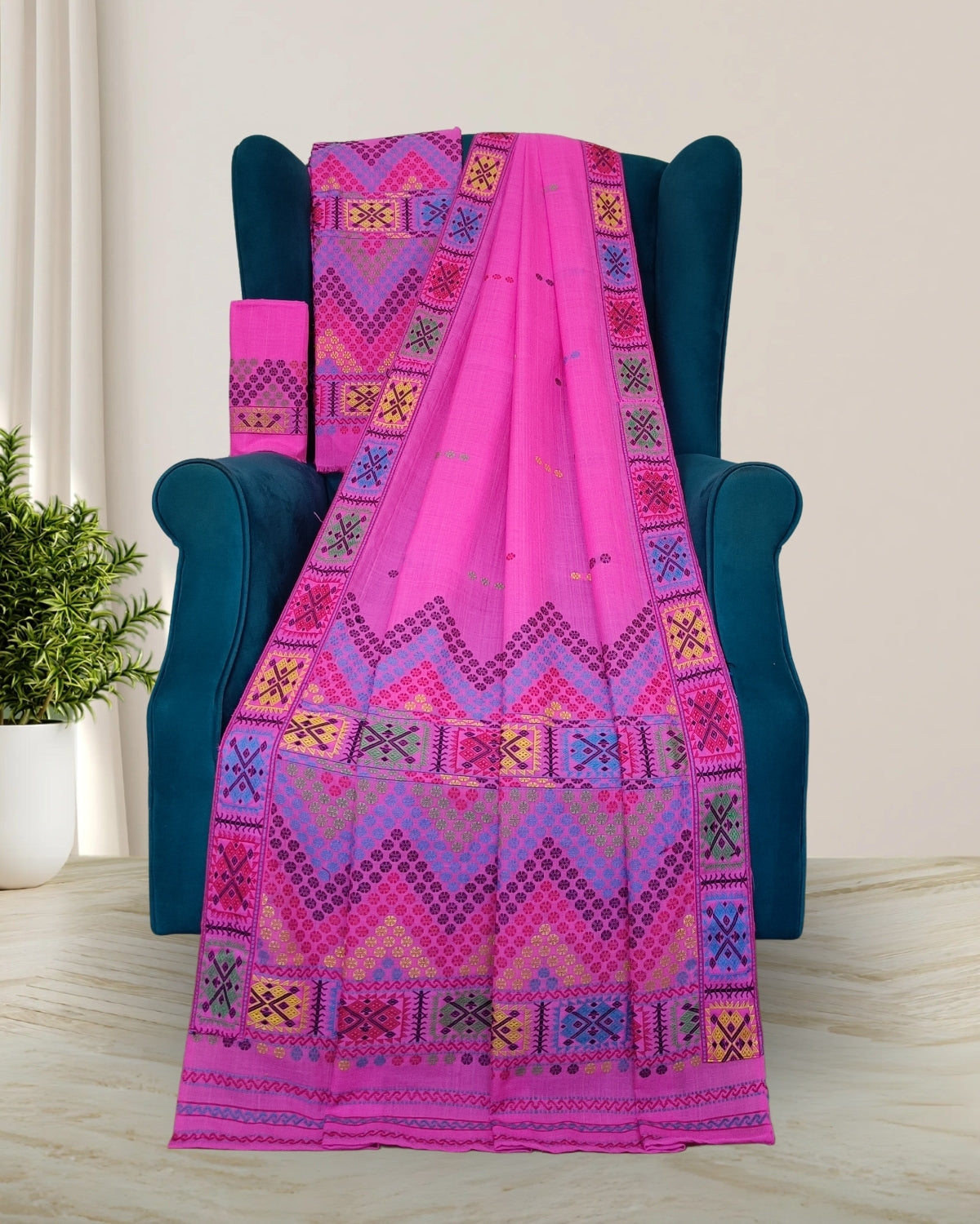 Pink padmini cotton Mising mekhela sador - DMC motifs