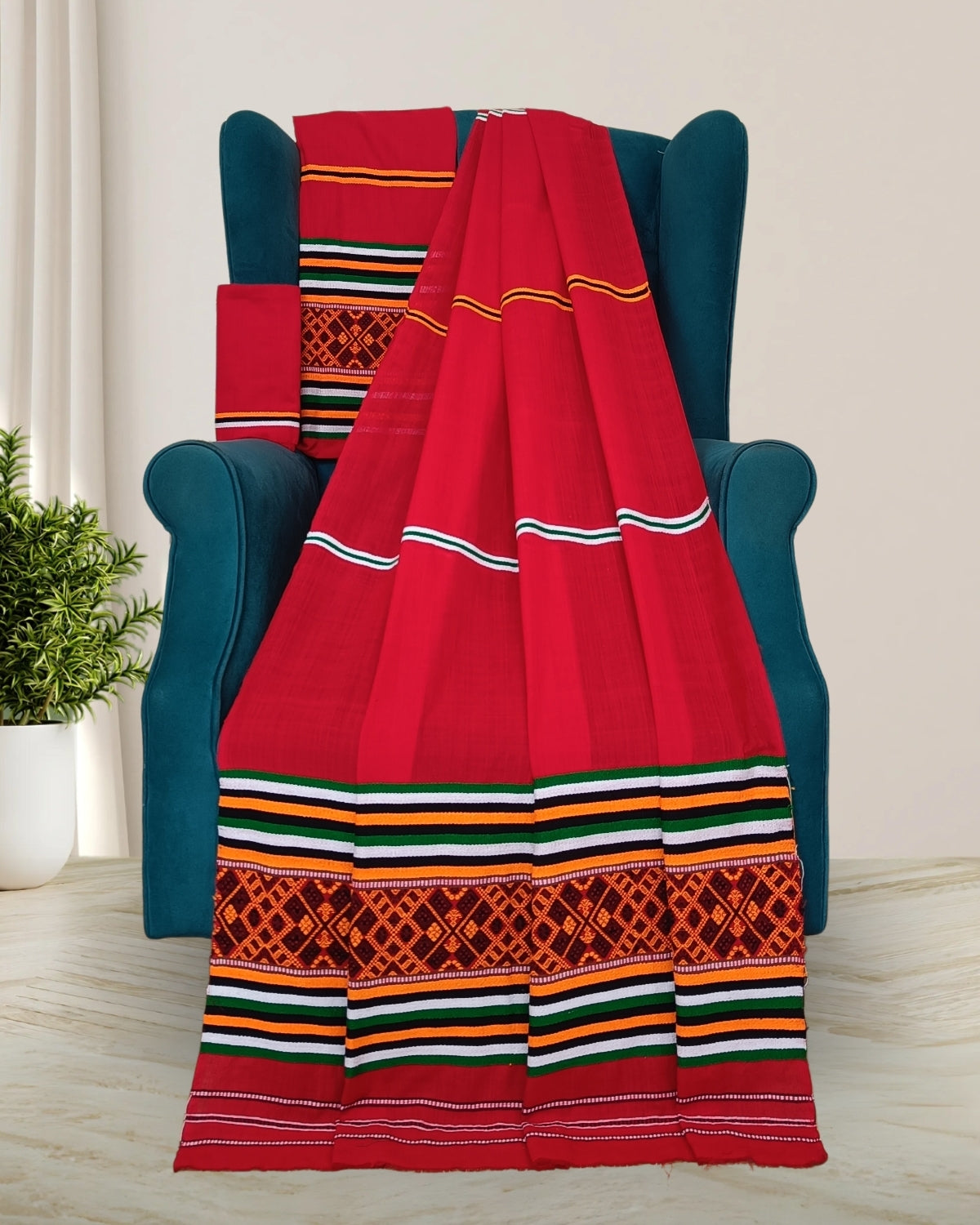 Ribi design Mising mekhela sador -Red