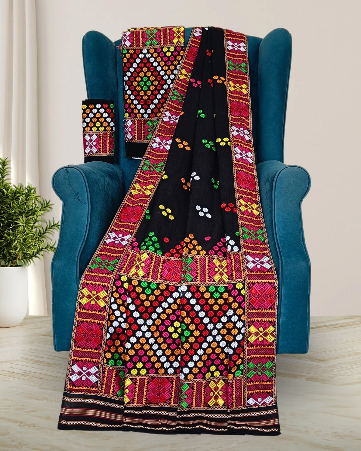 Black padmini cotton Mising mekhela chadar - DMC motif work