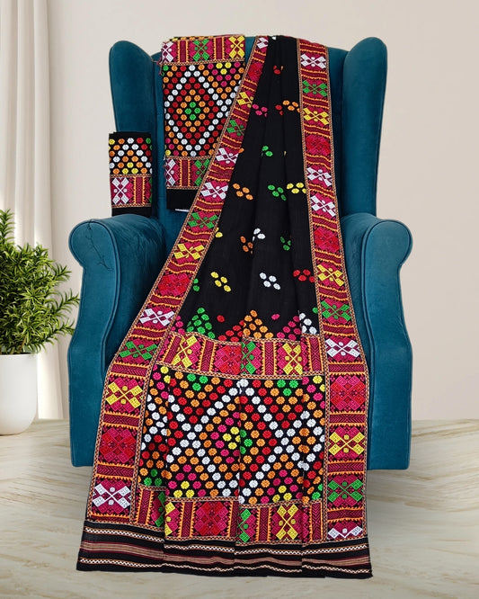 Black padmini cotton Mising mekhela chadar - DMC motif work