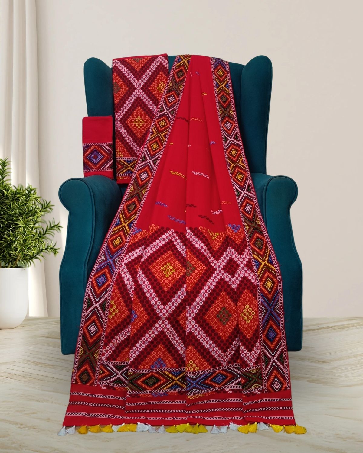 Red padmini cotton Mising mekhela sador- DMC motifs
