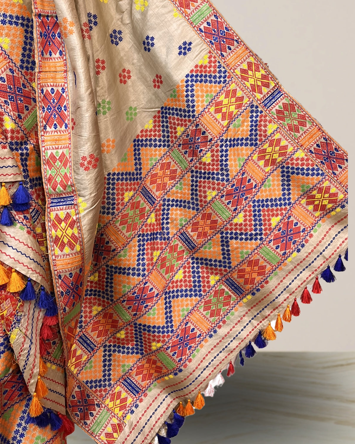 Pure Mising Tussar silk mekhela sador- DMC motifs