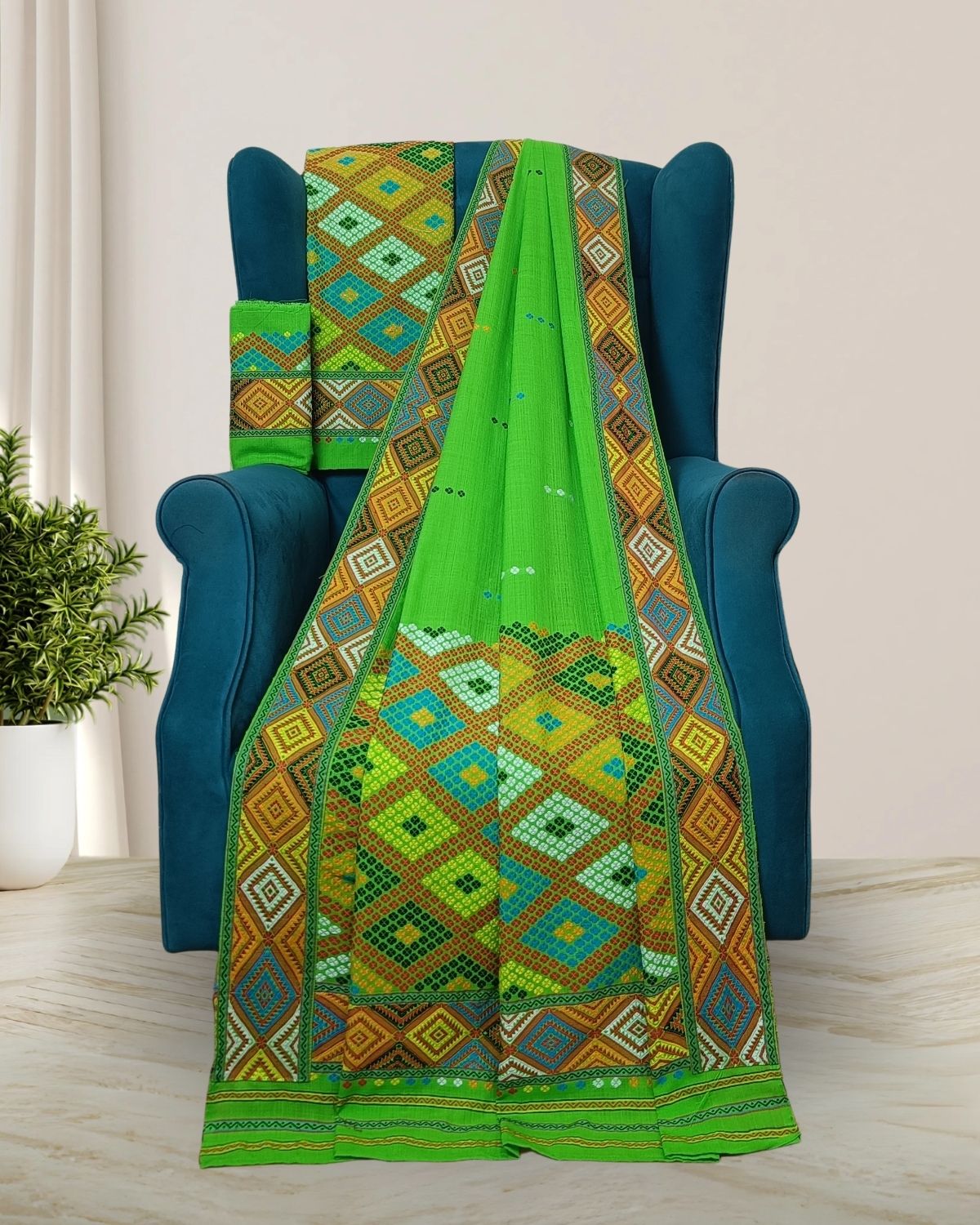 Green padmini cotton Mising mekhela sador - DMC motifs