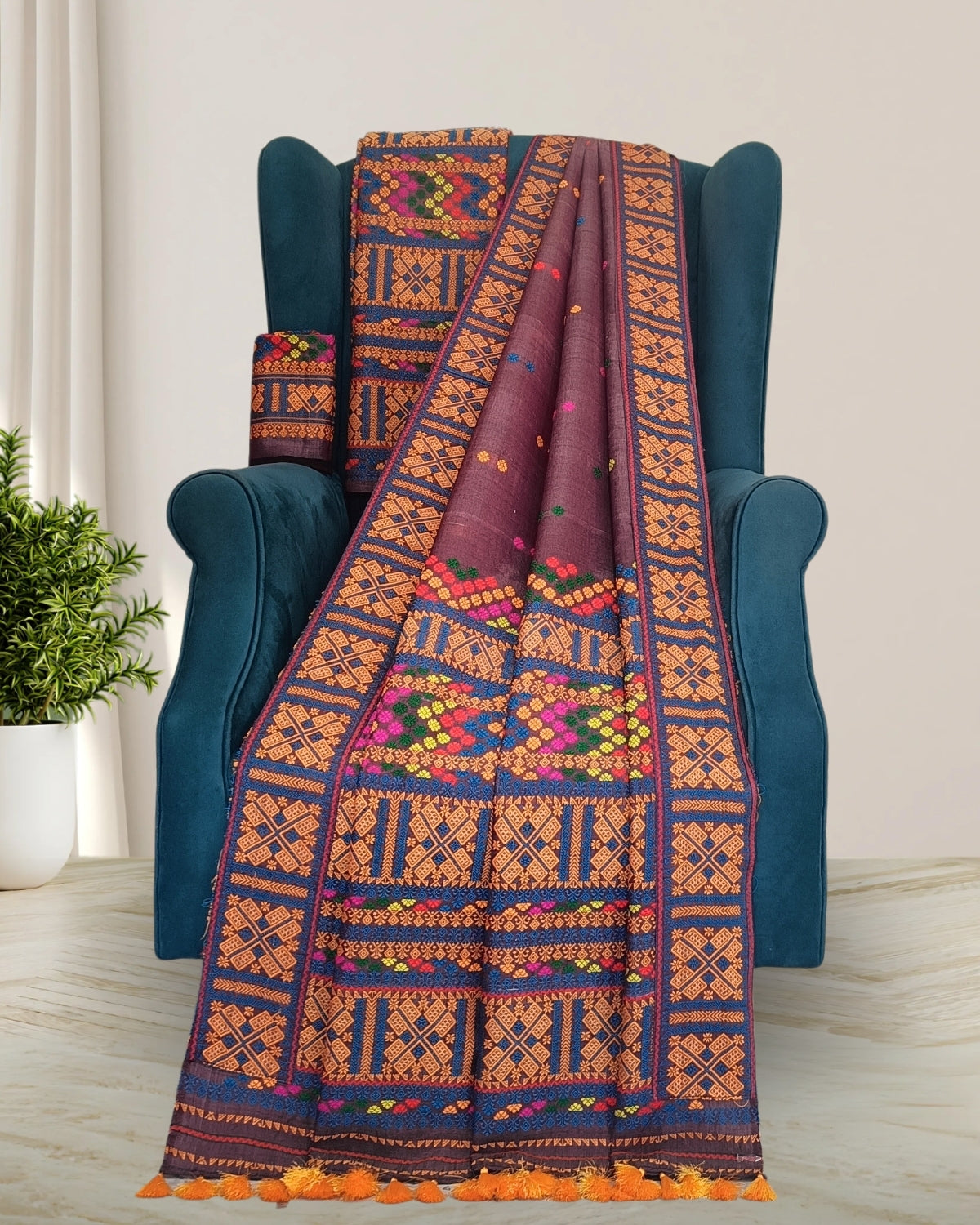 White semi nuni Mising mekhela sador-Brown
