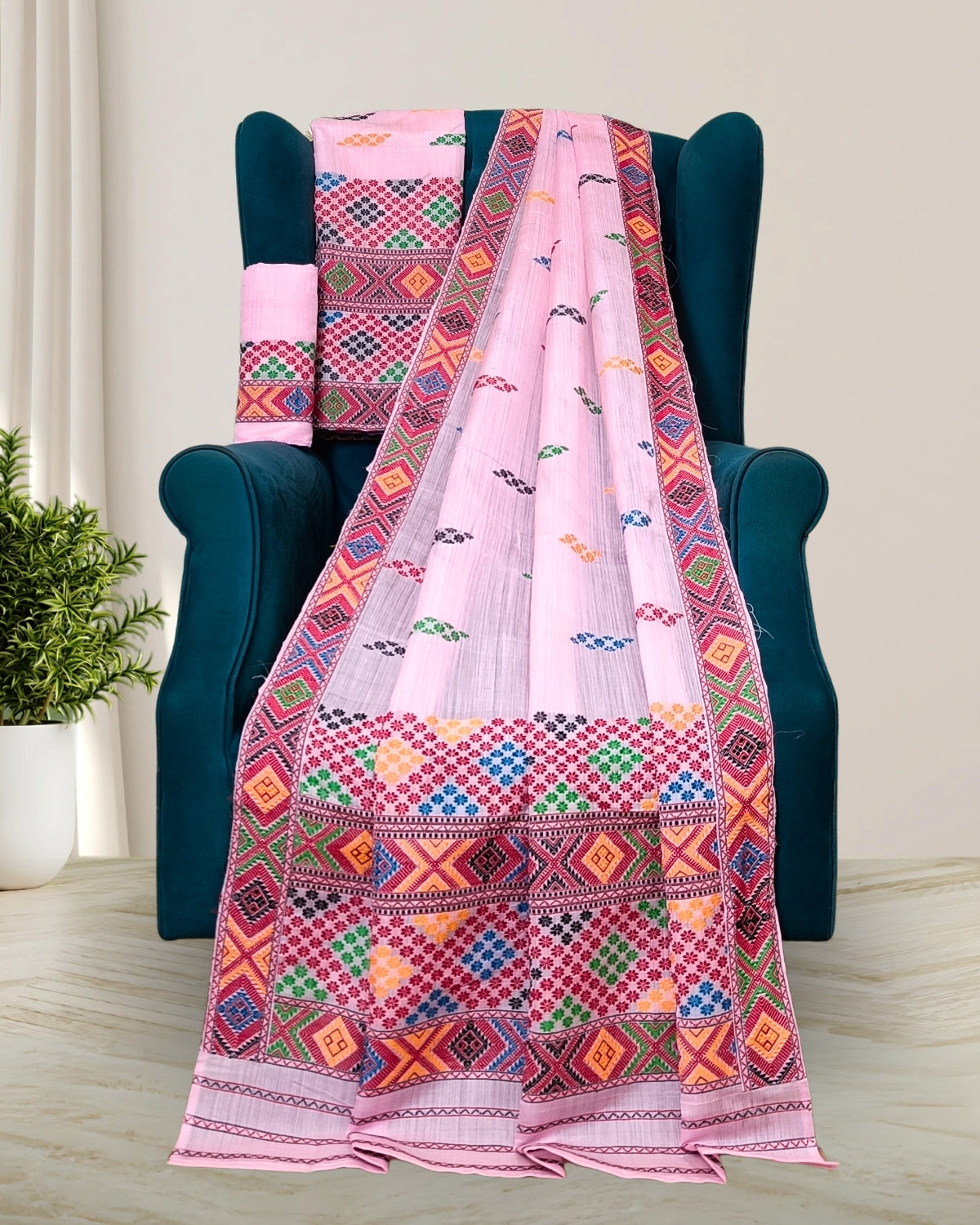 Semi nuni Mising mekhela sador- Pink
