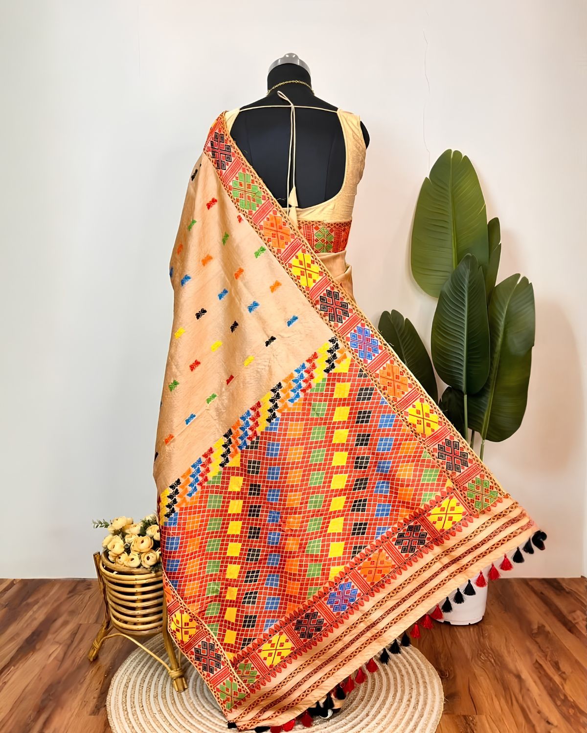 Pure Mising Tussar silk mekhela sador- DMC motifs