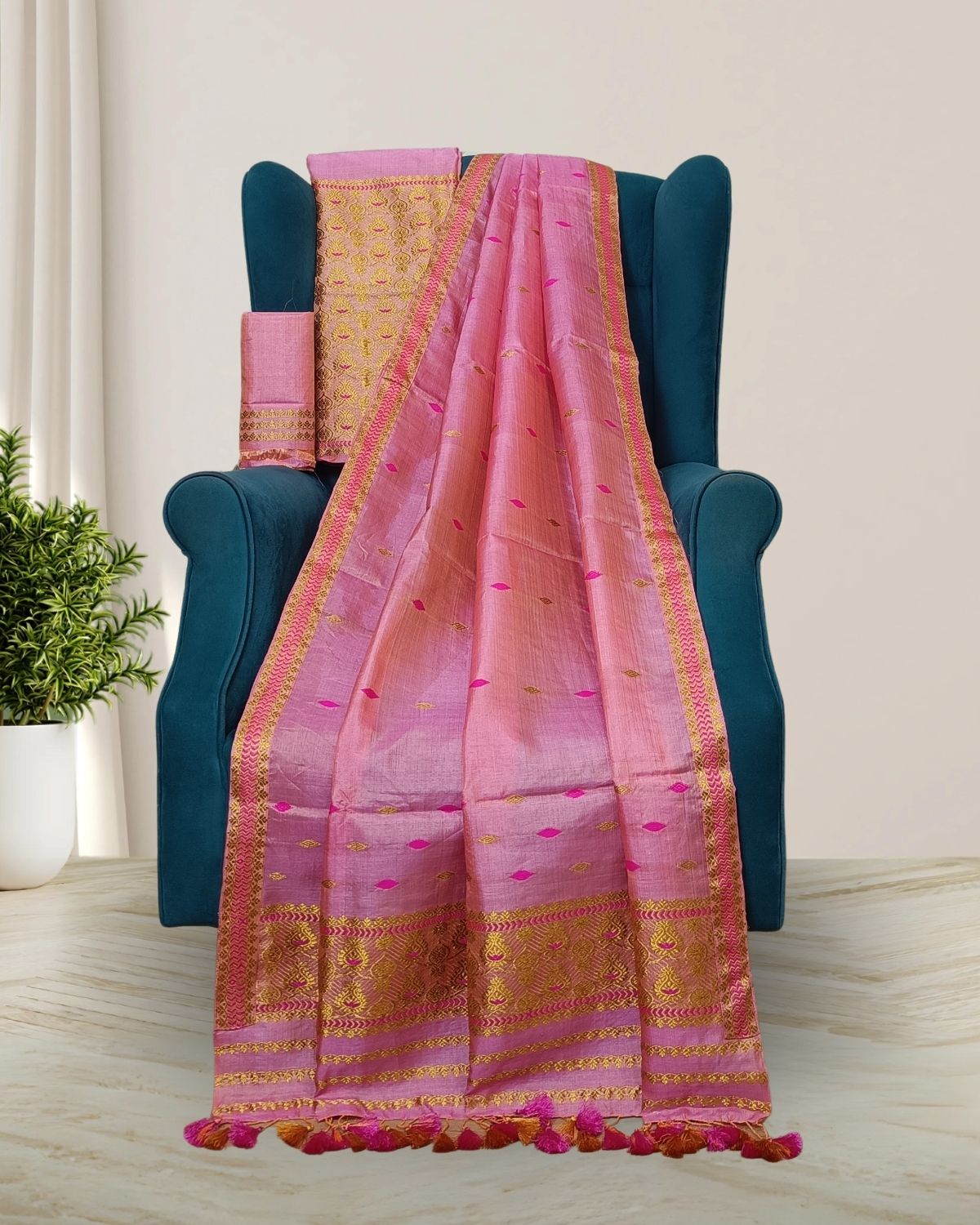Dyed tussar silk mekhela sador