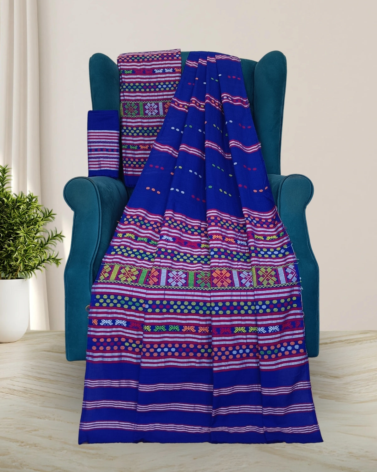 Ribi design Mising mekhela sador -Royal blue