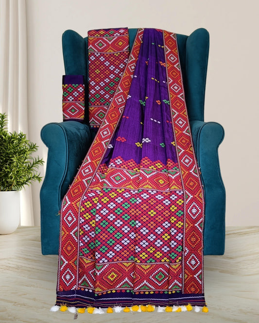 Purple padmini cotton x Assam paat Mising mekhela chadar - DMC motif work