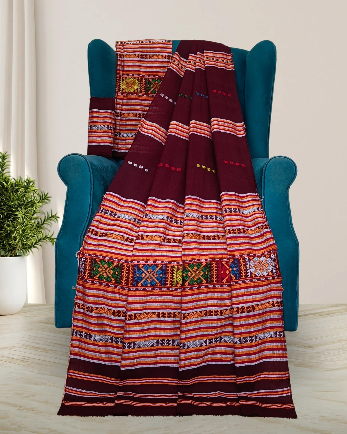 Ribi design Mising mekhela sador - Brown