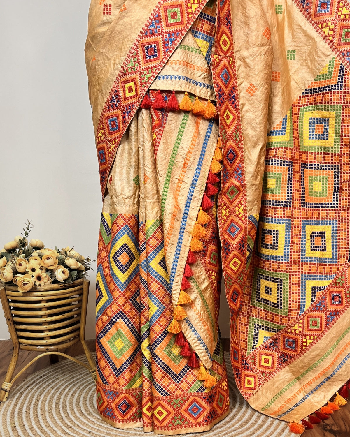 Pure Mising Tussar silk mekhela sador- DMC motifs