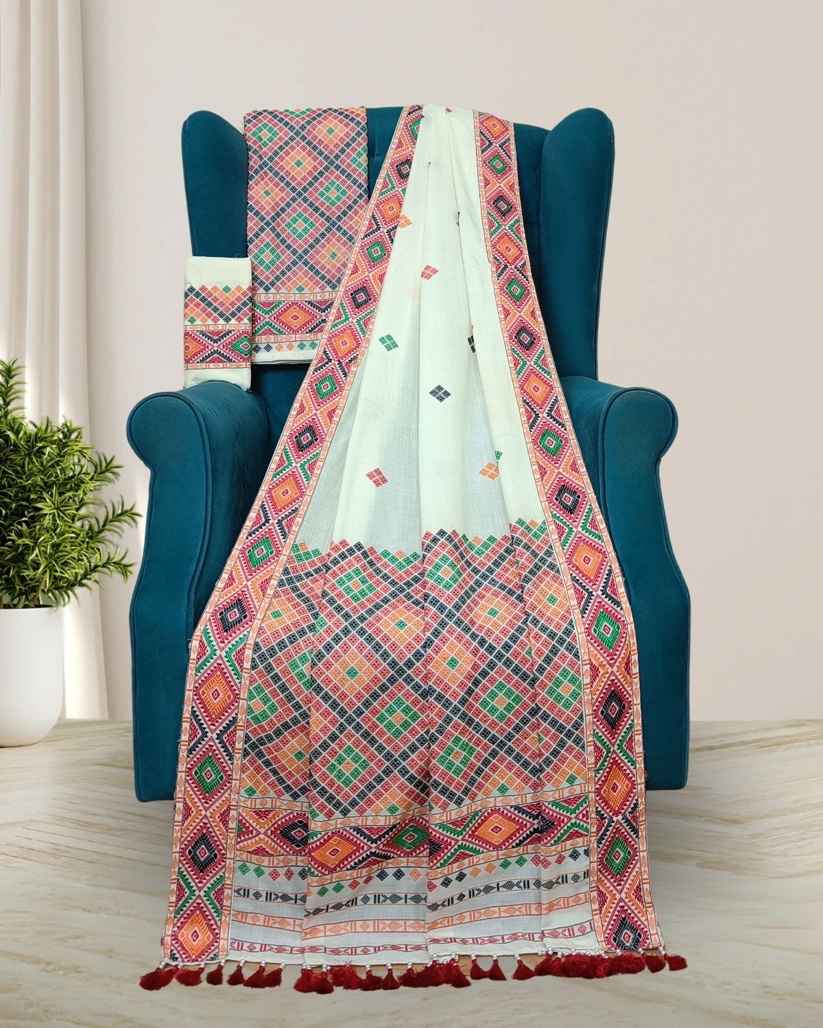 Off white padmini cotton Mising mekhela sador - DMC motifs