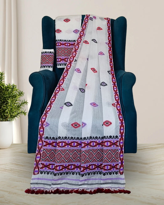 White semi nuni mekhela sador with designer motifs