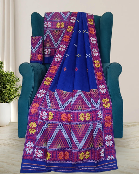 Royal blue padmini cotton Mising mekhela sador - DMC motifs