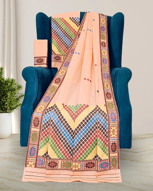 Peach padmini cotton Mising design mekhela sador