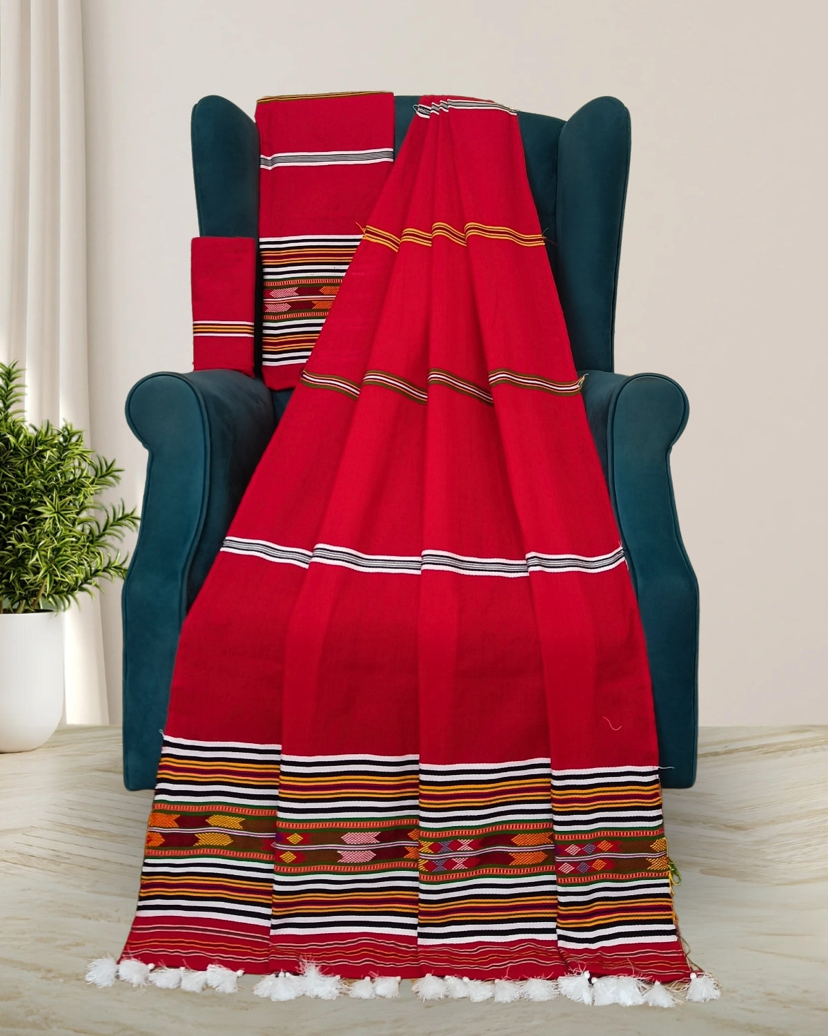 Ribi design Mising mekhela sador - Red