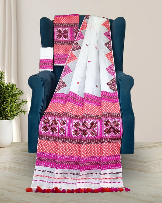 White semi nuni mekhela sador with designer motifs