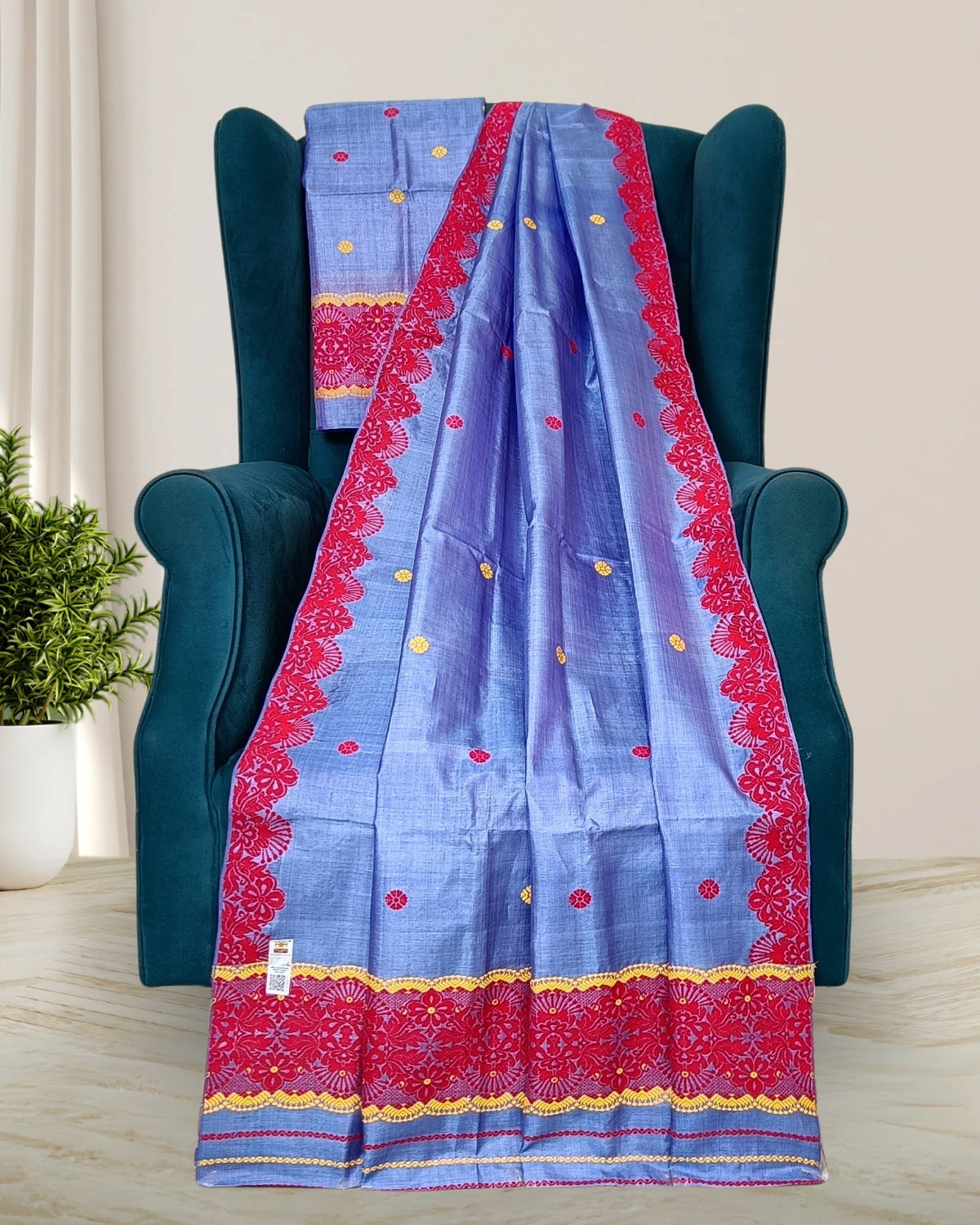 Dyed tussar silk mekhela sador-Blue