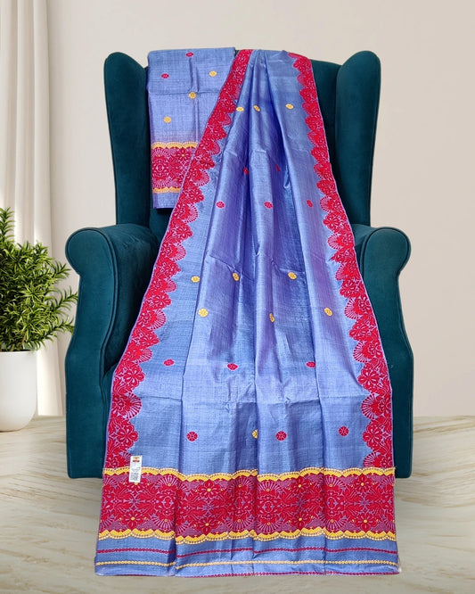Dyed tussar silk mekhela sador-Blue
