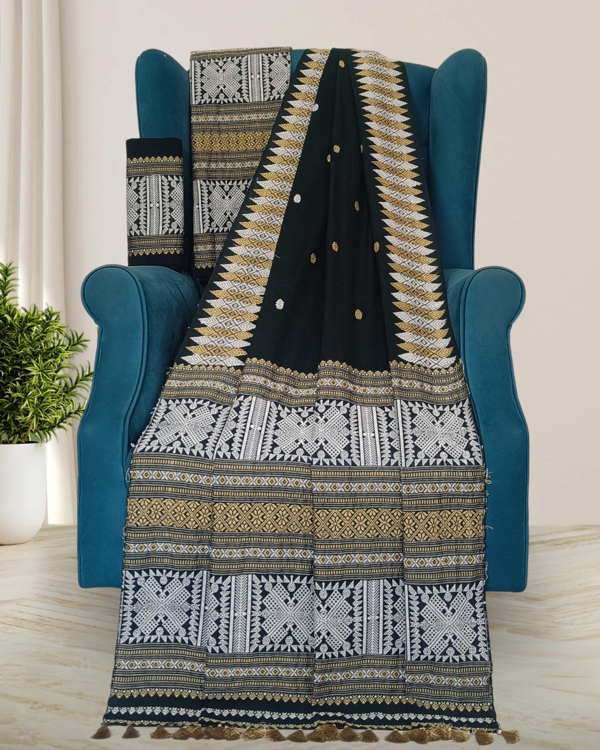 Black padmini cotton mekhela sador with designer motifs