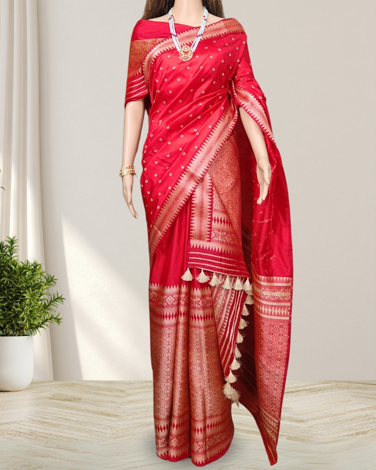 Red mulberry silk Bridal mekhela chadar with tussar motifs