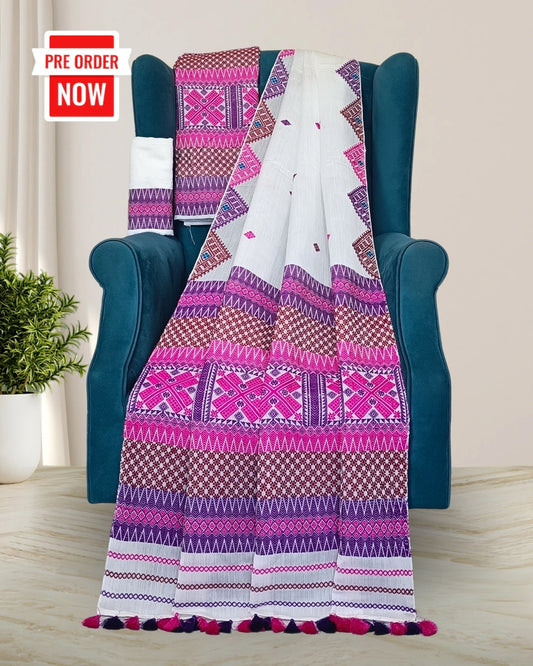 White semi nuni mekhela sador with designer motifs