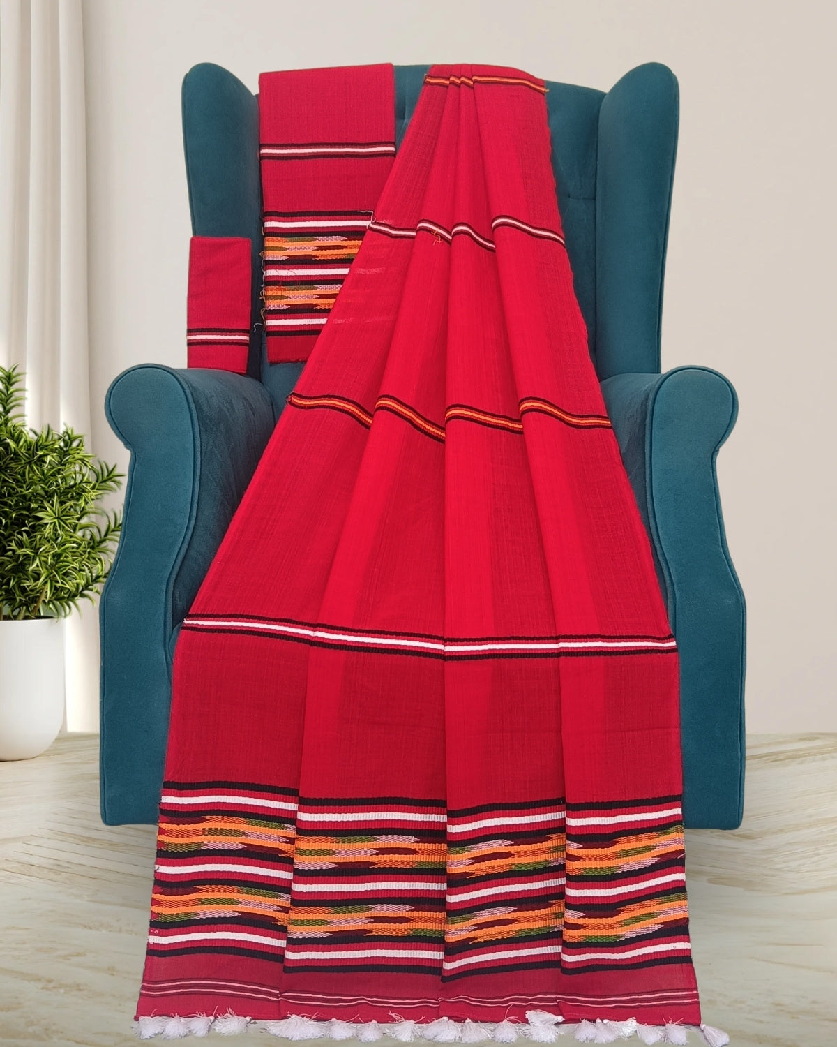 Ribi design Mising mekhela sador - Red